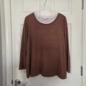 J Jill Women's XL Layered T Shirt Nutmeg Heather White Long Sleeve Round Neck